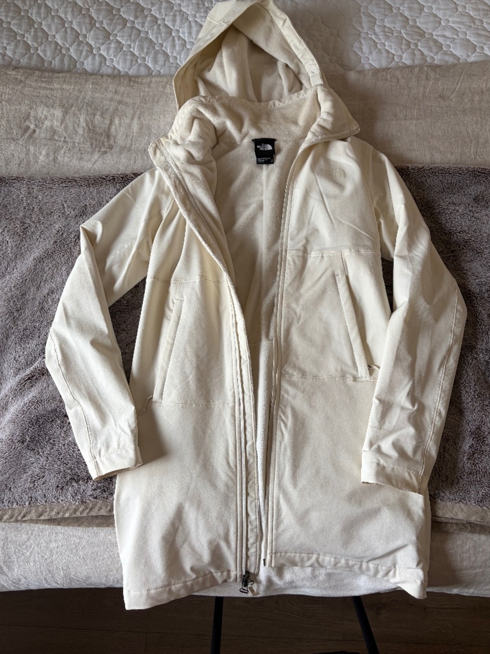 The North Face Cream White Hooded Fleece Lined Long Jacket Coat